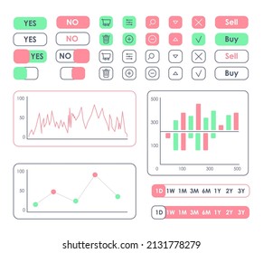 Sales forecast UI elements kit. Business statistics isolated vector dashboard components. Flat interface buttons template. Web design widget collection for mobile application with light theme