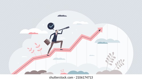 Sales Forecasting And Financial Company Profit Prediction Tiny Person Concept. Business Development Calculation And Performance Statistic Measurement Vector Illustration. Growth Graph And Income Data.