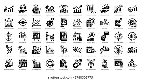 Sales Forecasting icon collection set. Sales Growth,Revenue Estimation,Sales Intelligence,Sales Analytics,Financial Forecasting icon. Simple glyph vector.