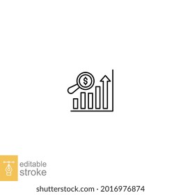 Sales forecasting outline icon. Analytics financial, business analysis. magnifying glass, bar graph observation budget estimate. Editable stroke Vector illustration Design on white background EPS 10