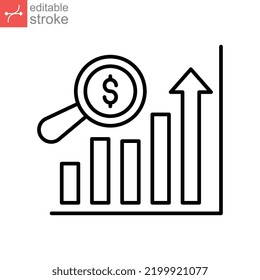 Sales forecasting outline icon. Analytics financial, business analysis. magnifying glass, bar graph observation budget estimate. Editable stroke Vector illustration Design on white background EPS 10