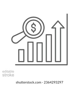 Sales forecasting outline icon. Analytics financial, business analysis. magnifying glass, bar graph observation budget estimate. Editable stroke Vector illustration Design on white background EPS 10