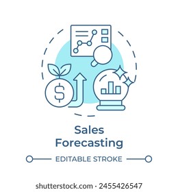 Icono de concepto de pronóstico de ventas azul suave. Estadísticas empresariales, ingresos futuros. Análisis de datos. Ilustración de línea de forma redonda. Abstractas idea. Diseño gráfico. Fácil de usar en infografía, presentación