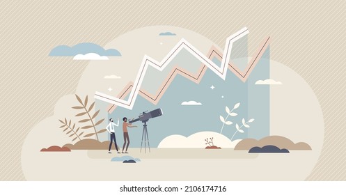 Sales forecasting and various financial profit predictions tiny person concept. Business development calculation and performance statistic measurement vector illustration. Growth graph and income data