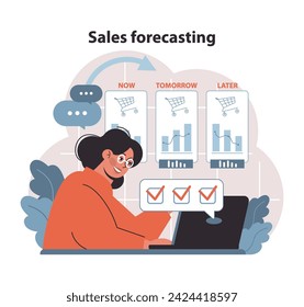 Sales Forecasting Visualization. Insightful projection of future retail trends and sales volumes. A meticulous approach to market anticipation and strategic planning. Flat vector.