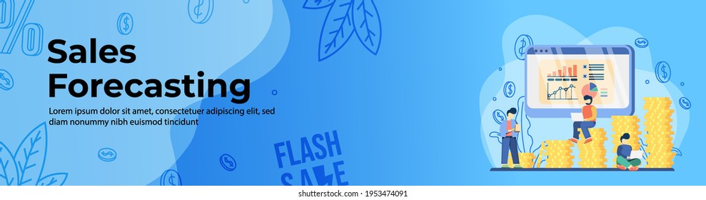 Sales forecasting Web Banner Design. man sit on a stack of a coin to analyze sales. E-Commerce, Online Shopping header or footer banner.
