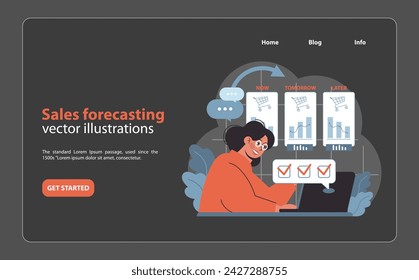 Sales Forecasting web or landing. Insightful projection of future retail trends and sales volumes. A meticulous approach to market anticipation and strategic planning. Flat vector.