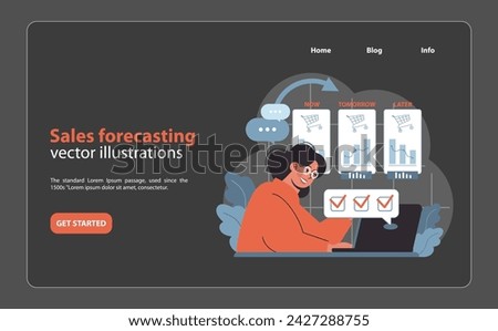 Sales Forecasting web or landing. Insightful projection of future retail trends and sales volumes. A meticulous approach to market anticipation and strategic planning. Flat vector.