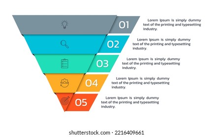 Verkaufstrichter mit 5 Stufen oder Teilen. Marketing-Infografik. Umrechnungspyramide oder -diagramm. Kartenvorlage anklicken. Vektorgrafik.