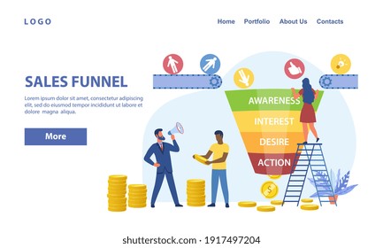 Sales funnel abstract concept with tiny people surrounded by icons and symbols. Sales funnel marketing model. Modern flat cartoon vector illustration. Website, web page, landing page template