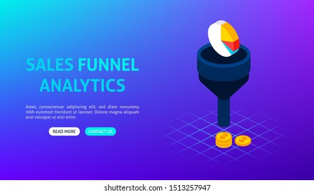 Sales Funnel Analytics Banner. Vector Illustration of Business Isometry.