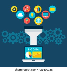 Sales Funnel Big Data Flat Style Concept. Vector Illustration Of Big Data Filter. Laptop With Data Analysis.