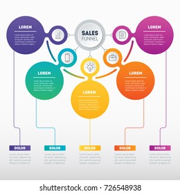 Sales funnel or Business presentation concept with 5 options. Web Template of a sales pipeline, purchase funnel, info chart or diagram. Infographic of technology or education process with five steps.