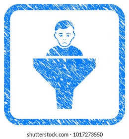 Sales Funnel Client rubber seal stamp imitation. Icon vector symbol with grunge design and unclean texture inside rounded frame. Scratched blue sticker on a white background.