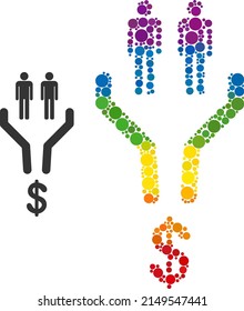 Icono de composición del embudo de ventas de elementos de círculo en tamaños variables y matices de color de arcoiris. Un embudo de ventas salpicado de colores LGBT para lesbianas, gays, bisexuales y transexuales.