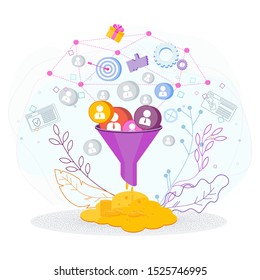 Sales funnel concept. Attracting potential customers. Website conversion in internet marketing. Business metaphor. Trendy flat vector style.