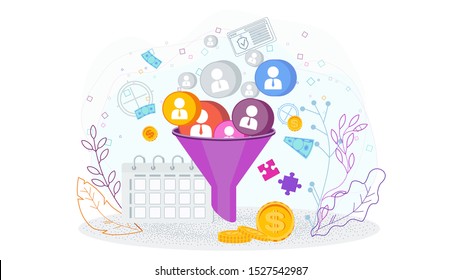 Sales funnel concept. Attracting potential customers. Website conversion in internet marketing. Business metaphor. Trendy flat vector style.