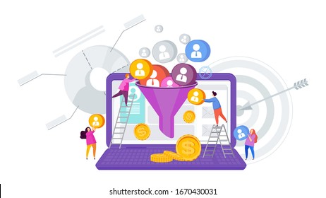 Sales funnel concept. Attracting potential customers. Website conversion in internet marketing. Business metaphor. Trendy flat vector style.