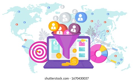 Sales funnel concept. Attracting potential customers. Website conversion in internet marketing. Business metaphor. Trendy flat vector style.