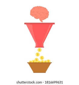 Sales funnel concept. The brain falls into the funnel and money is obtained. Finance, educational and business concept. Vector illustration.