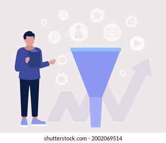 Vertriebsnetz-Konzept. Character sucht neue Clients. Marketing- und Geschäftsstrategie. Farbige flache Vektorgrafik.