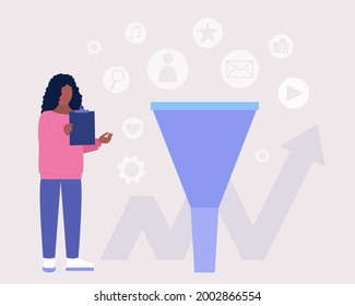 Sales funnel concept. Character is looking for new clients. Marketing and business strategy. Colorful flat vector illustration.