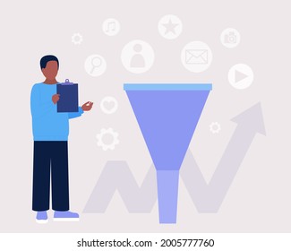 Sales funnel concept. Character is looking for new clients. Marketing and business strategy. Colorful flat vector illustration.