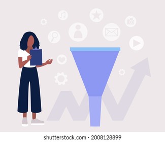 Sales funnel concept. Character is looking for new clients. Marketing and business strategy. Colorful flat vector illustration.