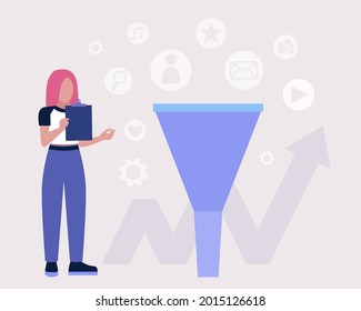 Sales funnel concept. Character is looking for new clients. Marketing and business strategy. Colorful flat vector illustration.