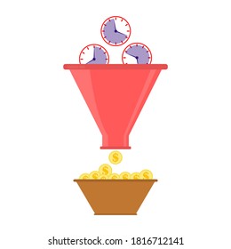 Concepto de embudo de ventas. Un reloj cae en un embudo y se grava en muchas monedas de signo de dólares. Concepto de negocio de tiempo y dinero. Ilustración vectorial.