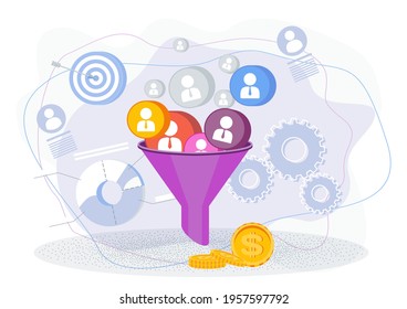 Sales funnel concept. Customer acquisition. Traffic and conversion on the website, in the store. Internet advertising. Trendy flat vector style illustration on white background.