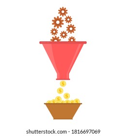 Concepto de embudo de ventas. Los engranajes caen en el embudo y se obtiene dinero. Concepto financiero y empresarial. Ilustración vectorial.