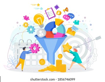 Sales funnel concept. Tiny people work on customer acquisition. Customers make a profit, money. Trendy flat vector style illustration on white background.