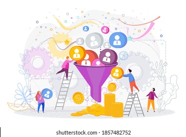 Sales funnel concept. Tiny people work on customer acquisition. Customers make a profit, money. Trendy flat vector style illustration on white background.