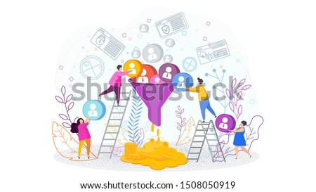 Sales funnel concept. Tiny people work on customer acquisition. Customers make a profit, money. Trendy flat vector style illustration on white background.