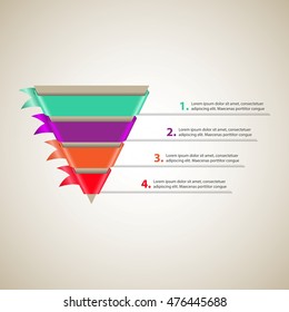 Sales funnel. Conversion funnel. Cone with 4 colored ribbons. Vector Infographic
