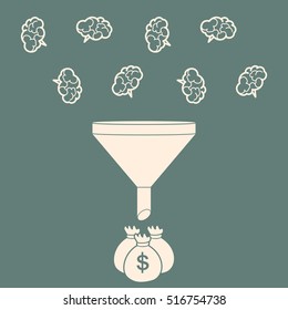 Sales Funnel Converting brains into money. Flat Style. Vector Illustration of Data Tunnel and Creative Process.