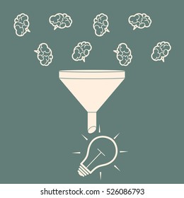 Sales Funnel. Converting brains into bulb idea. Flat Style. Vector Illustration of Data Tunnel and Creative Process.