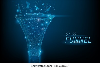 Sales funnel designed in 3D polygonal style,consisting of points, lines, and shapes on dark blue background. Vector big data or sales marketing funnel concept