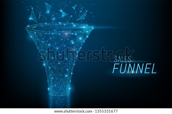 Sales funnel designed in 3D\
polygonal style,consisting of points, lines, and shapes on dark\
blue background. Vector big data or sales marketing funnel\
concept