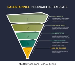 Diagrama de embudo de ventas con 5 elementos, plantilla de diseño de infografía de negocios, fondo oscuro, ilustración de vector eps10