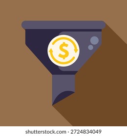 Embudo de ventas con moneda de dólar en el interior que representa la conversión de tráfico en dinero