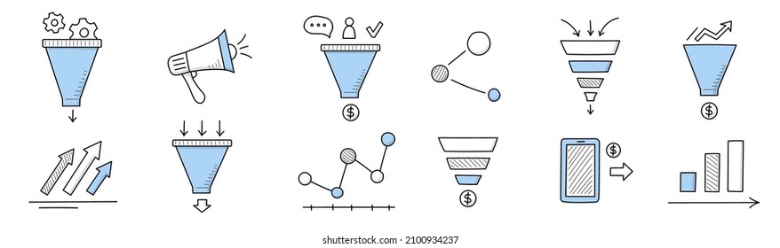 Iconos del doodle de embudo de ventas, altavoz de señales comerciales lineales, gráficos o gráficos de infografía, pago por smartphone, atracción de clientes, estrategia de administración y análisis de datos, ilustración de vector de arte de línea