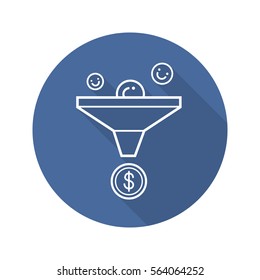 Sales funnel flat linear long shadow icon. Marketing funnel concept. Vector line symbol