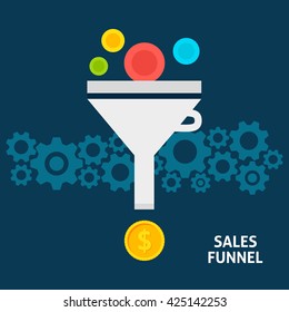 Sales Funnel Flat Style Concept. Vector Illustration Of Data Filter. Business Conversion Into Money. 