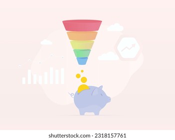Sales Funnel Generation Concept with Financial Charts and Graphs. Profit and Income Generation with Money Flowing into a Piggy Bank. Sales Funnel, Successful Revenue Generation with piggy bank
