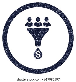 Sales Funnel grainy textured icon inside circle for overlay watermark stamps. Flat symbol with dirty texture. Circled vector indigo blue rubber seal stamp with grunge design.