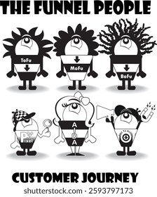 (Sales Funnel Guys) "Playful representations of the customer journey in the sales funnel in vector for illustrative purposes."