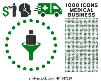 Sales Funnel icon with 1000 medical commercial green and gray vector pictograms. Collection style is flat bicolor symbols, white background.