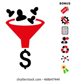 Sales Funnel icon with bonus pictograms. Vector illustration style is flat iconic bicolor symbols, intensive red and black colors, white background, rounded angles.